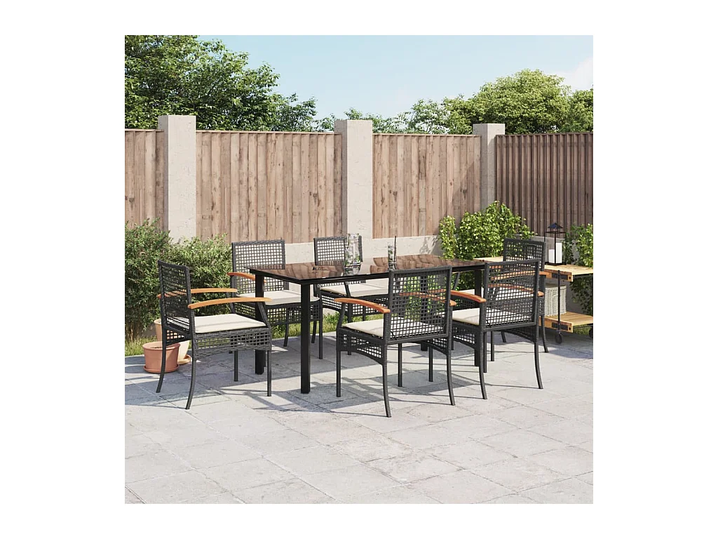 7 peças conjunto de jantar p/ jardim c/ almofadões vime PE preto