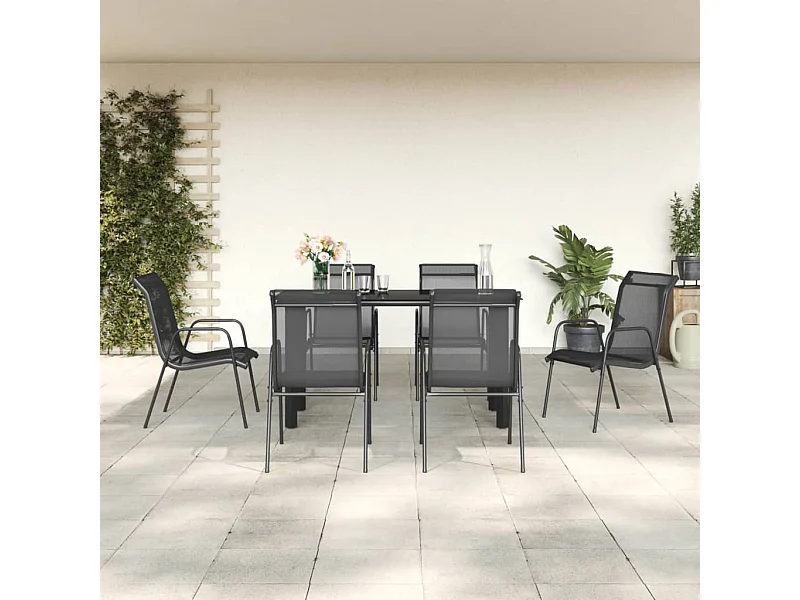 Ensemble à manger de jardin 7 pièces noir textilène et acier