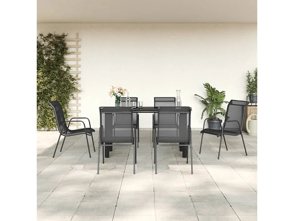 Ensemble à manger de jardin 7 pièces noir textilène et acier