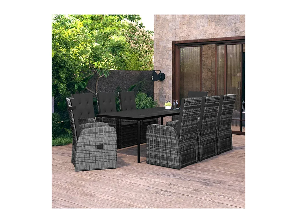 Ensemble de salle à manger de jardin et coussins 9 pièces Gris