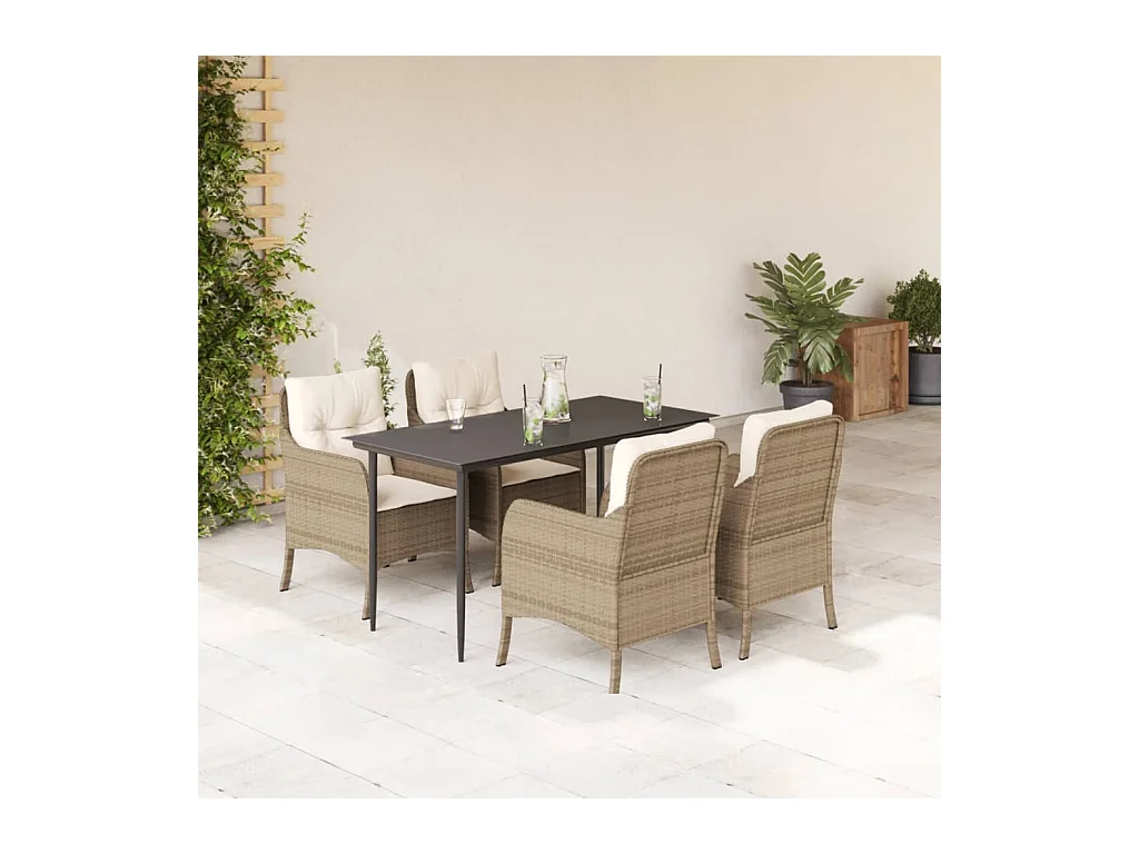 Ensemble à manger de jardin avec coussins 5 pièces Beige poly rotin
