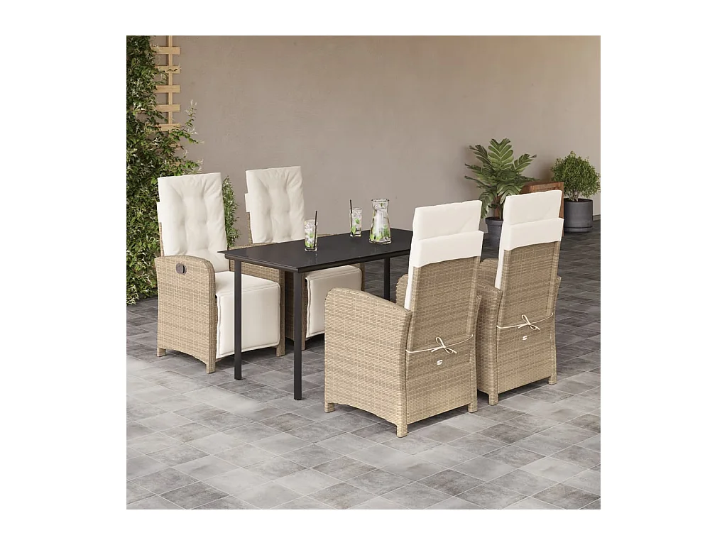 Ensemble à manger de jardin avec coussins 5 pièces Beige poly rotin