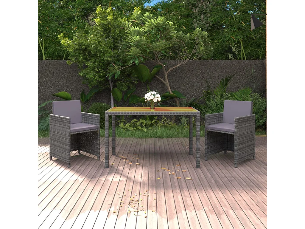 Mobilier à dîner de jardin et coussins 3 pièces Résine tressée Gris