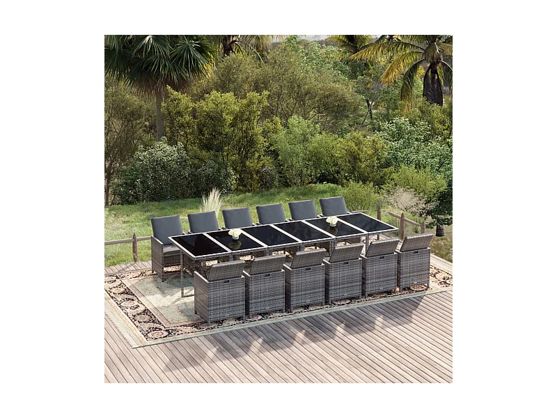 Ensemble à dîner de jardin coussins 13 pièces Résine tressée Gris