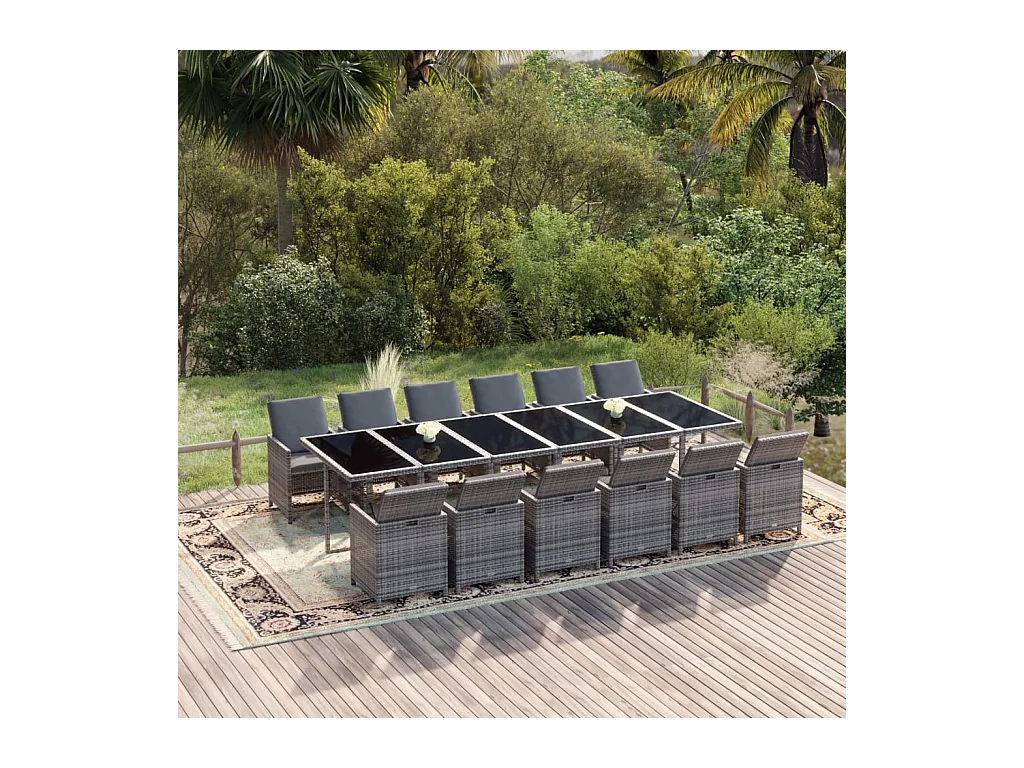 Set comedor jardín 13 piezas con cojines ratán sintético gris