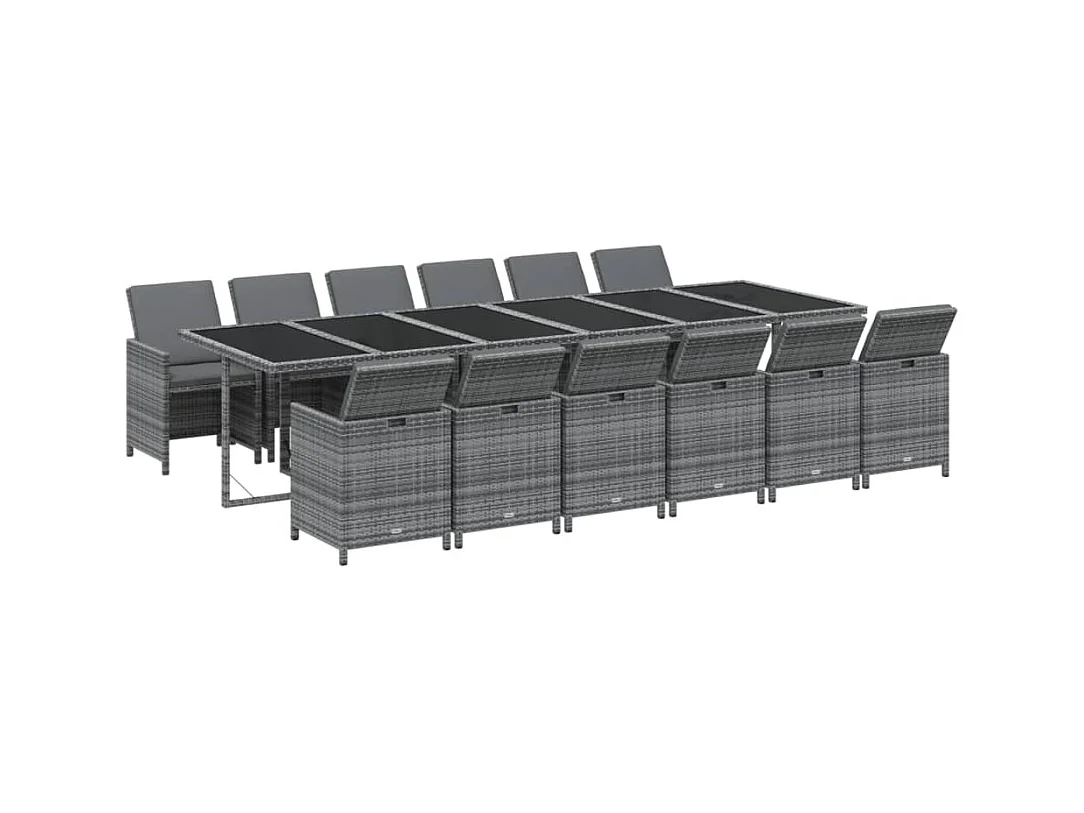 Set comedor jardín 13 piezas con cojines ratán sintético gris