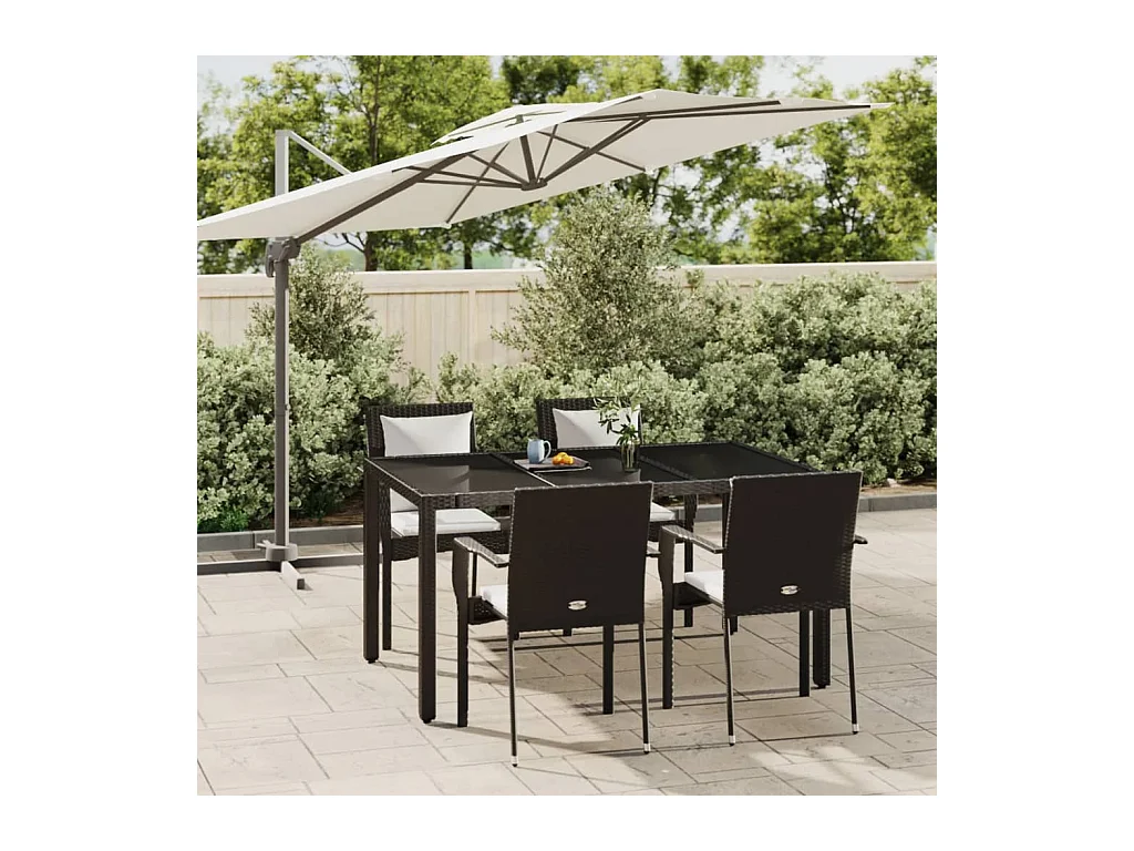 Mobilier à dîner de jardin et coussins 5 pièces Noir Résine tressée