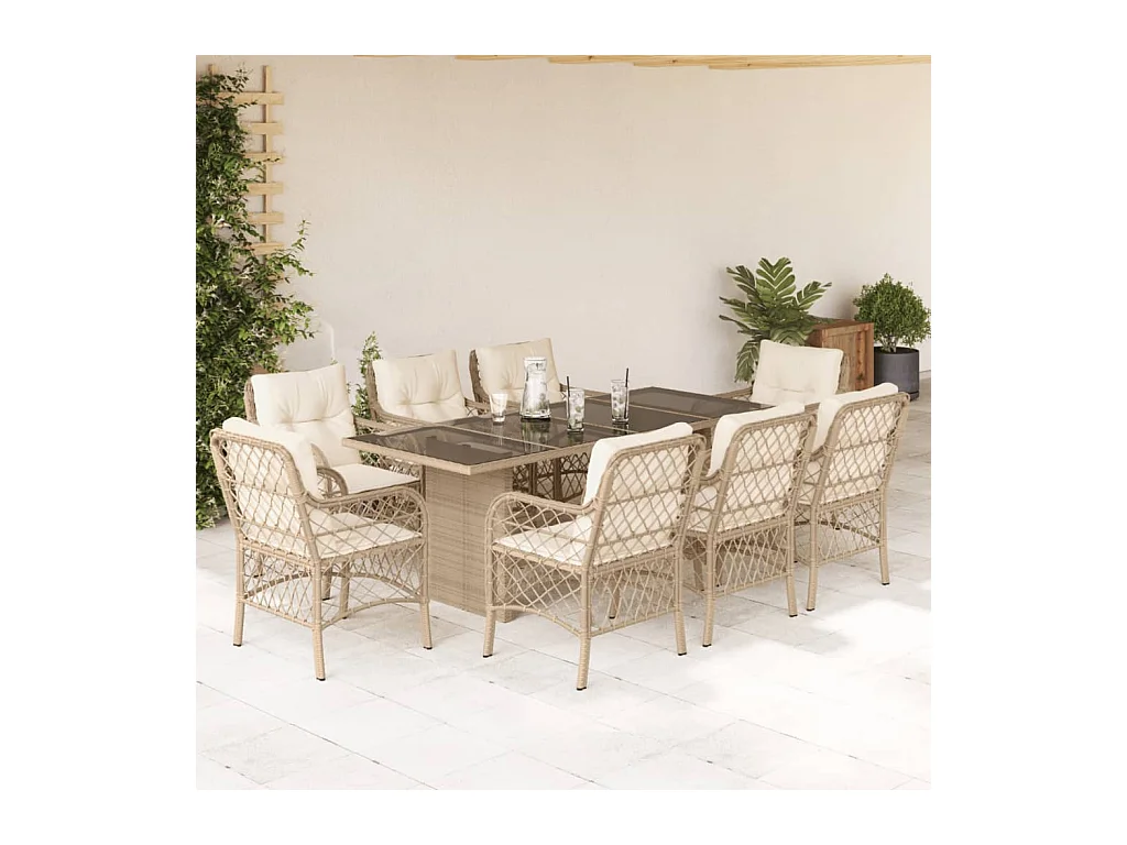 Ensemble à manger de jardin et coussins 9 pièces beige Poly rotin