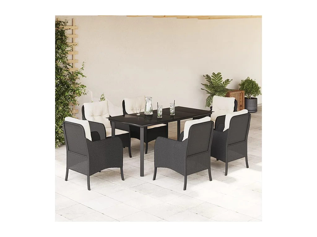 Ensemble à manger de jardin coussins 7 pièces Noir Résine tressée