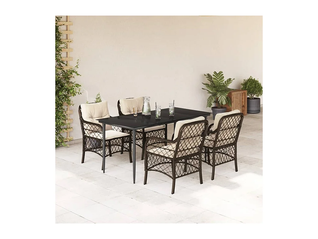 Ensemble à manger de jardin 5 pièces et coussins marron poly rotin