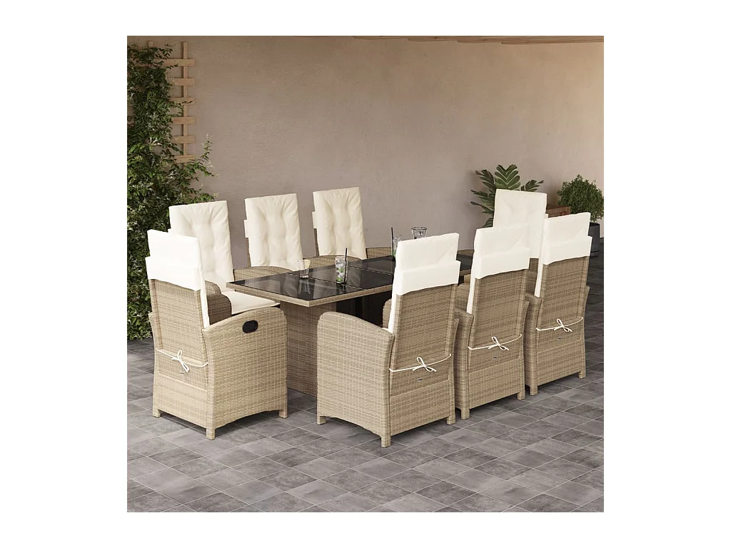 Ensemble à manger de jardin et coussins 9 pièces beige Poly rotin