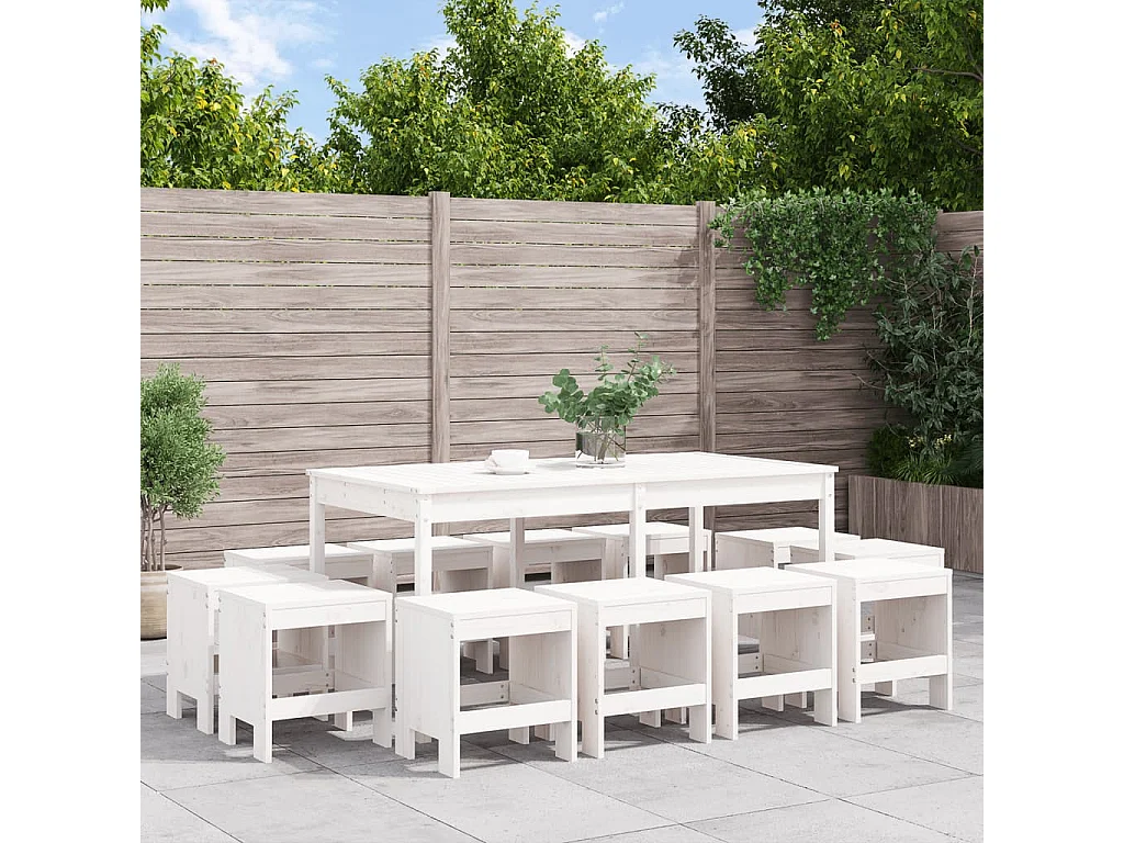 Ensemble à dîner de jardin 13 pièces blanc bois de pin massif