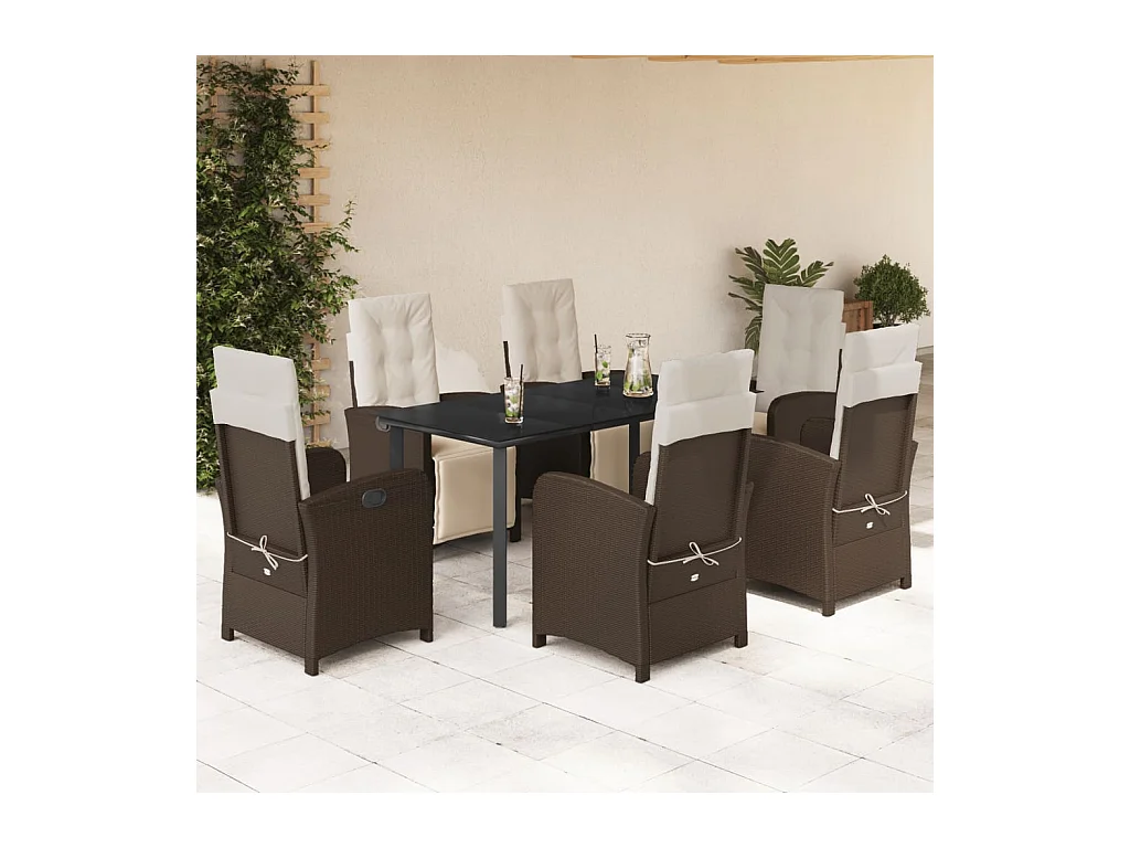Ensemble à manger de jardin et coussins 7 pièces marron rotin