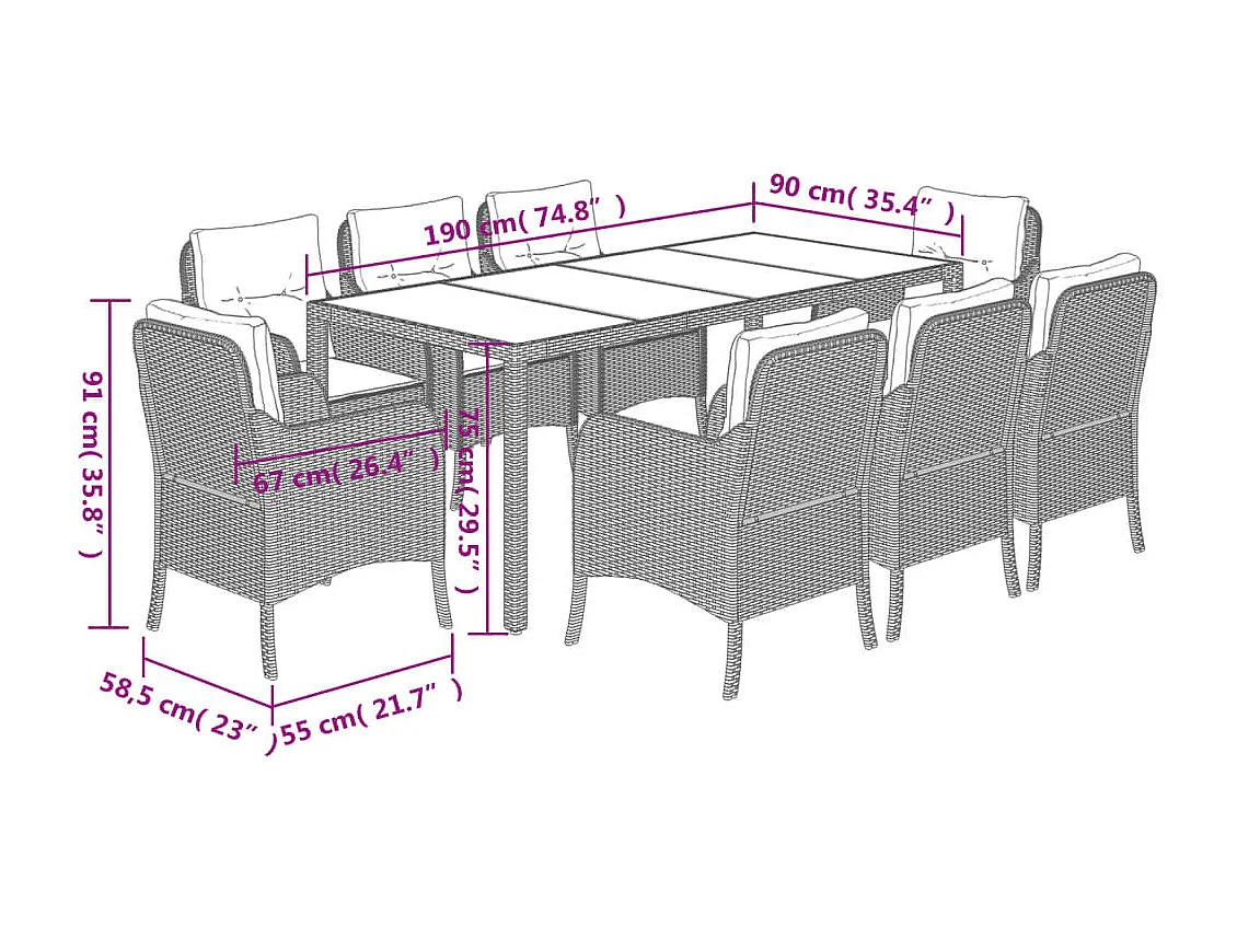 Ensemble à manger de jardin 9 pièces coussins noir résine tressée