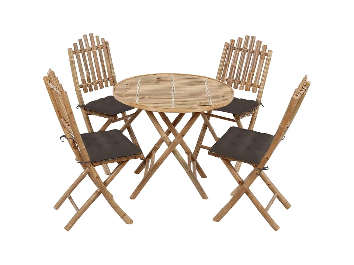 Mobilier à dîner d'extérieur pliable 5 pièces avec coussins Bambou