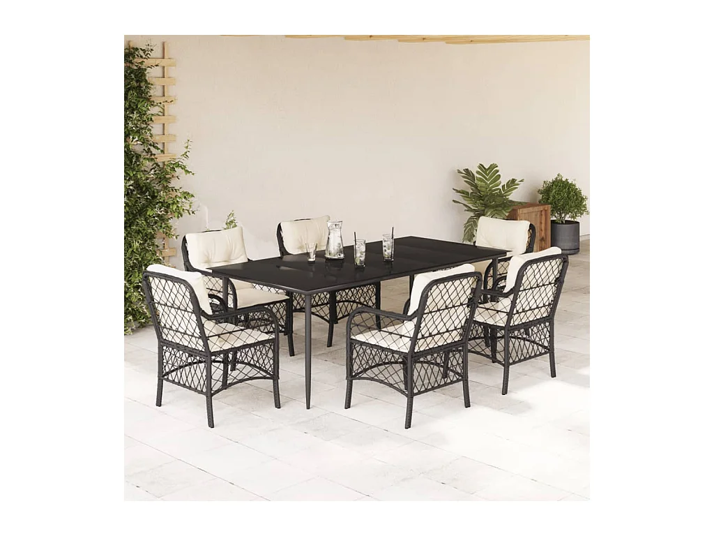 Ensemble à manger de jardin coussins 7 pièces Noir Résine tressée