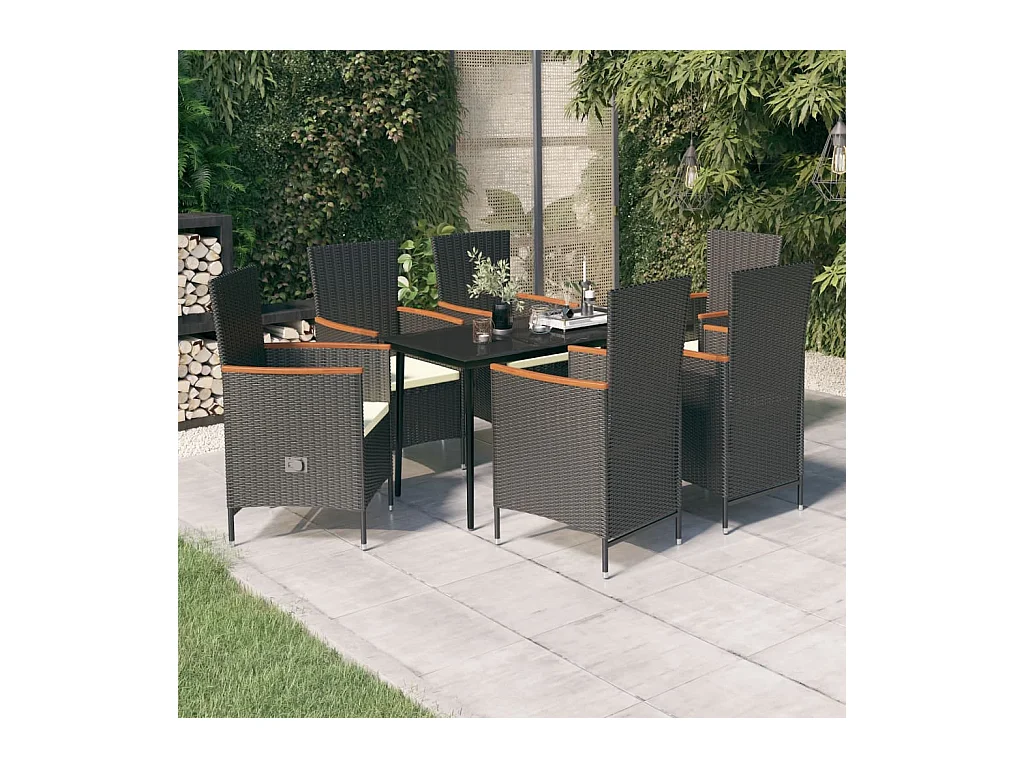 Mobilier de salle à manger de jardin avec coussins 7 pièces Noir