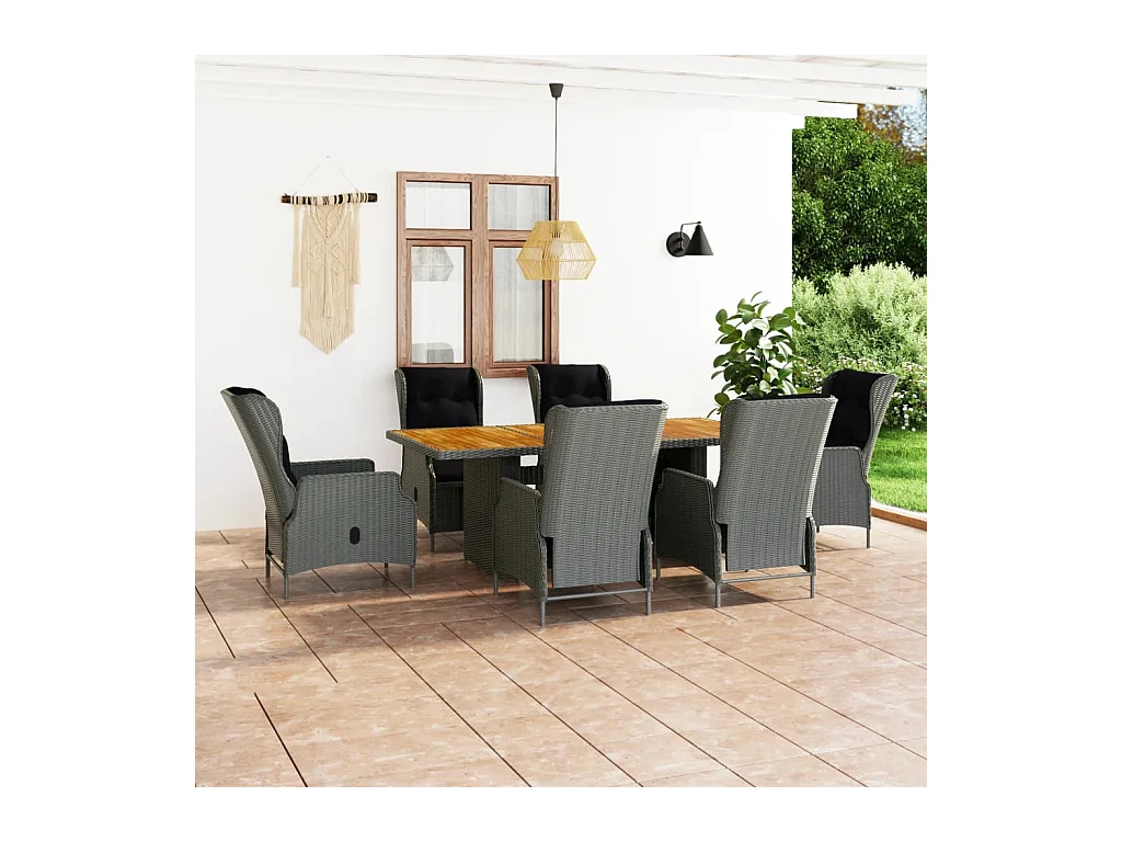 Set comedor jardín 7 piezas y cojines ratán sintético gris claro