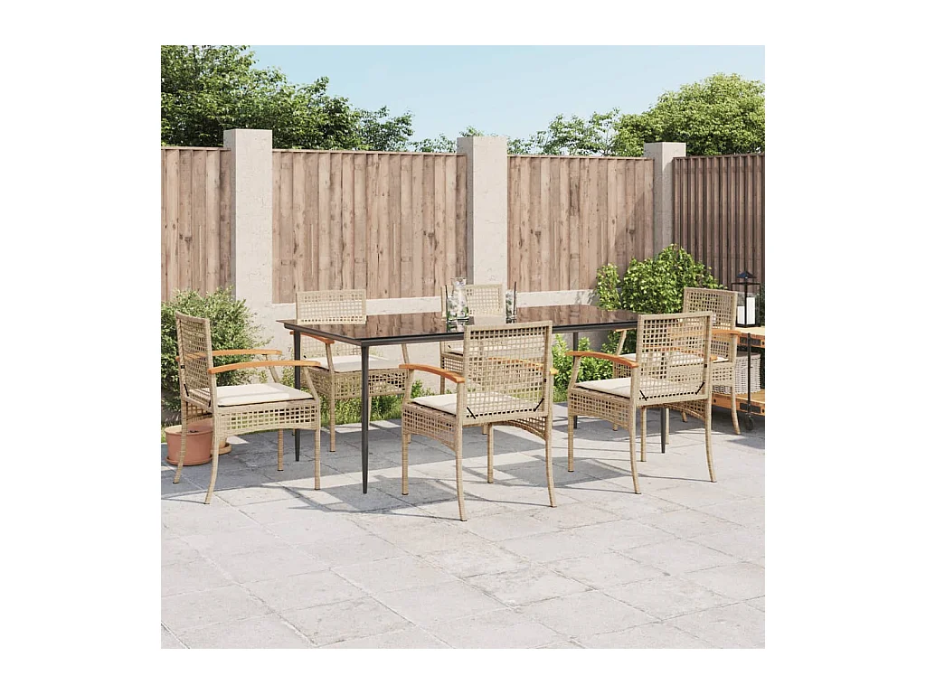 Ensemble à manger de jardin et coussins 7 pièces beige poly rotin