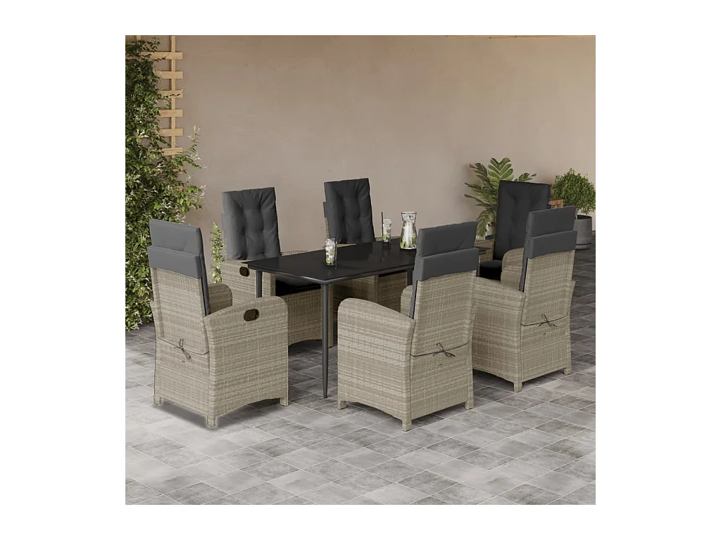 Ensemble à manger de jardin et coussins 7 pièces gris clair rotin
