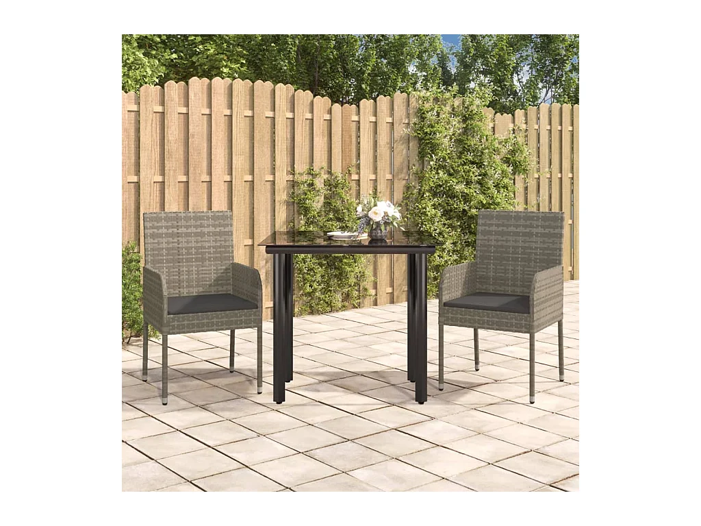 Mobilier à dîner de jardin 3 pièces avec coussins noir et gris