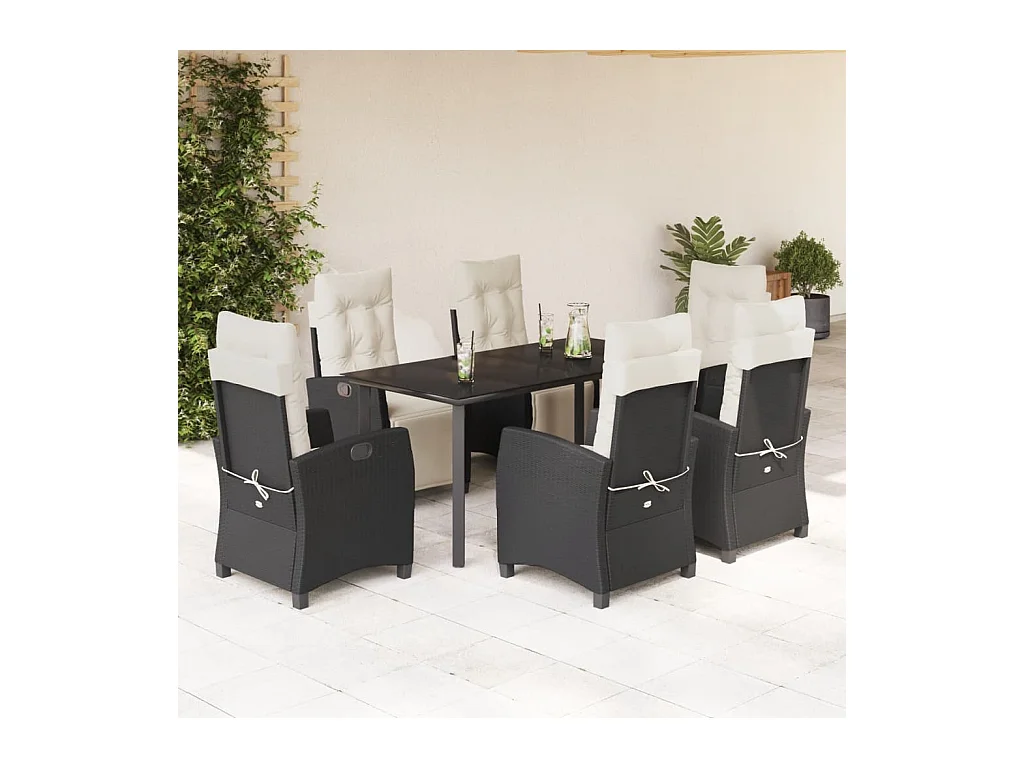 7 peças conjunto de jantar p/ jardim c/ almofadões vime PE preto