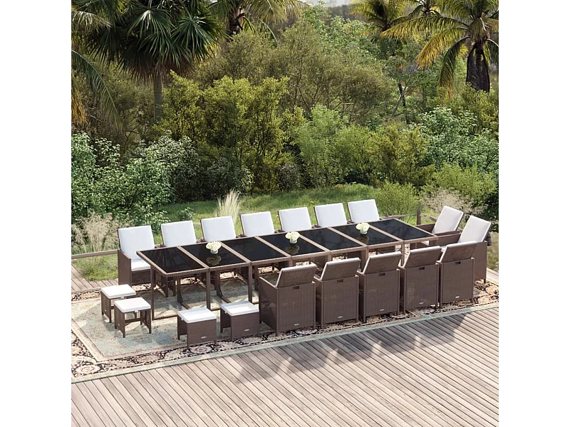 Ensemble à dîner de jardin coussins 19 pièces Résine tressée Marron