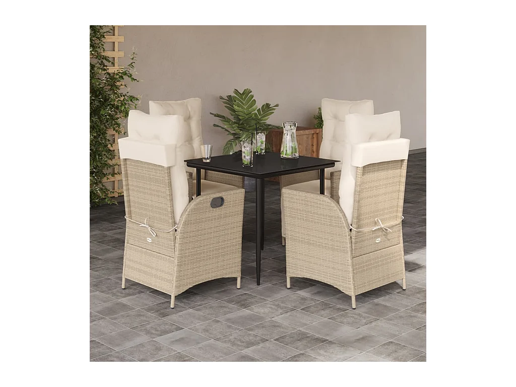 Ensemble à manger de jardin avec coussins 5 pièces Beige poly rotin
