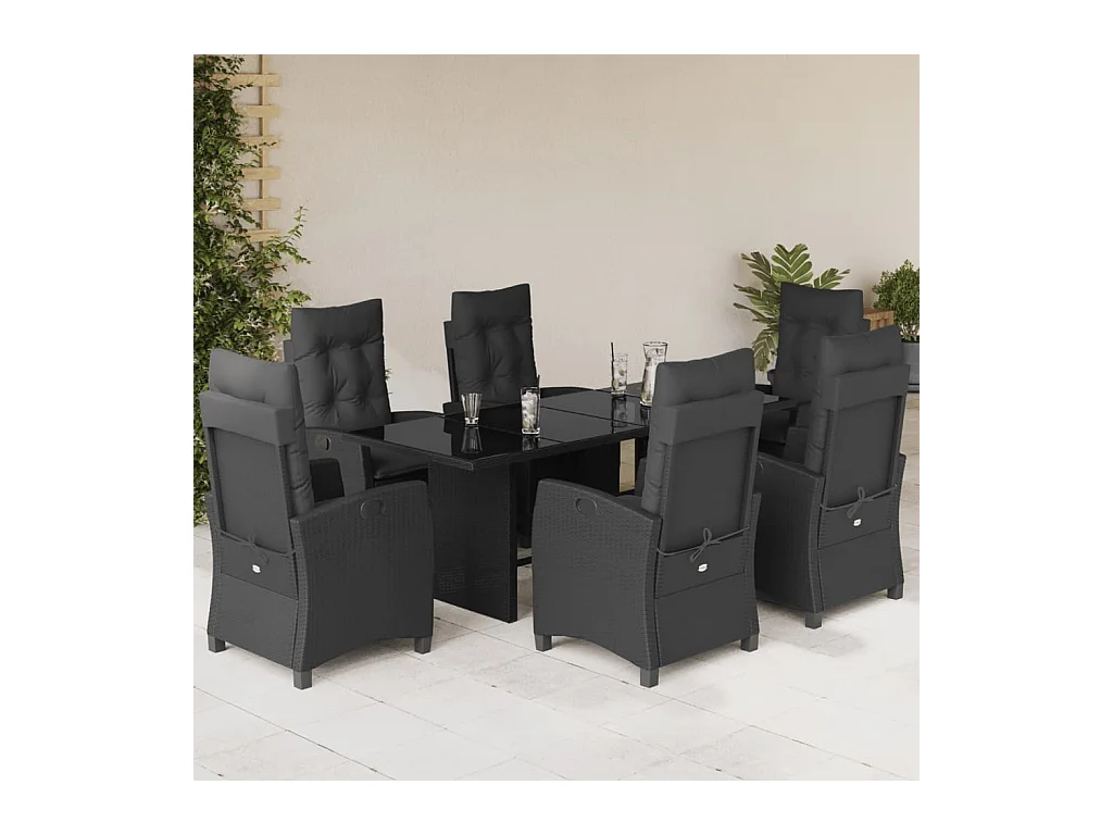 Ensemble à manger de jardin coussins 7 pièces Noir Résine tressée