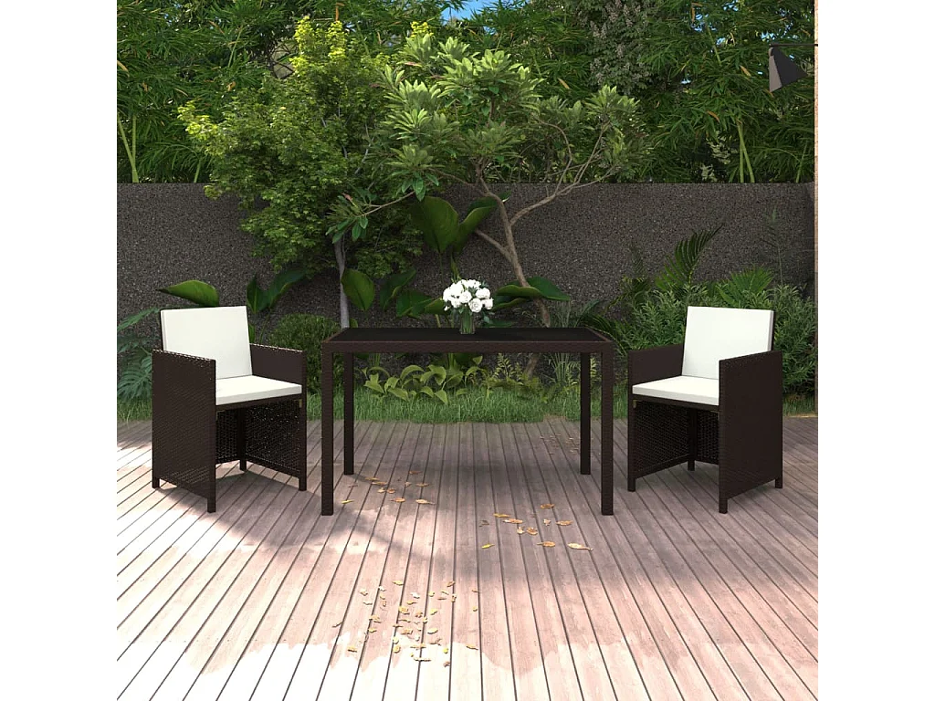 Meubles à dîner de jardin et coussins 3 pièces Poly rotin Marron