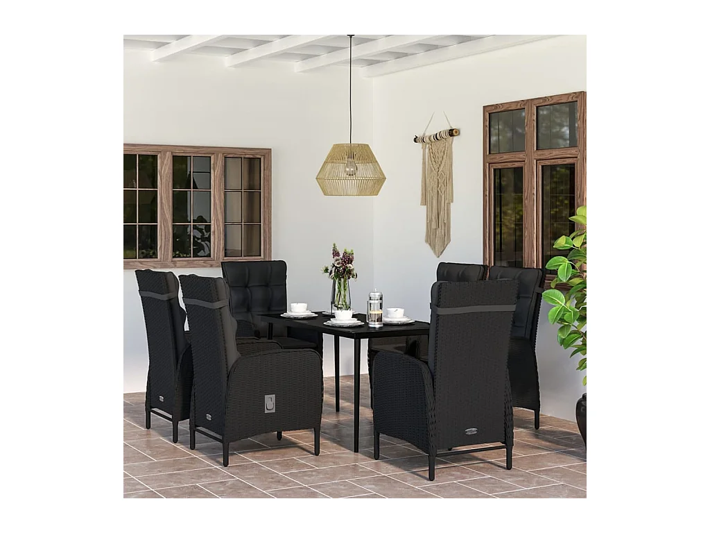 Mobilier de salle à manger de jardin avec coussins 7 pièces Noir