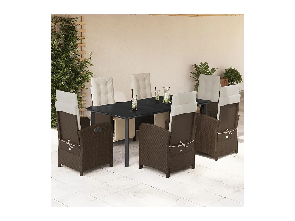 Ensemble à manger de jardin et coussins 7 pièces marron rotin