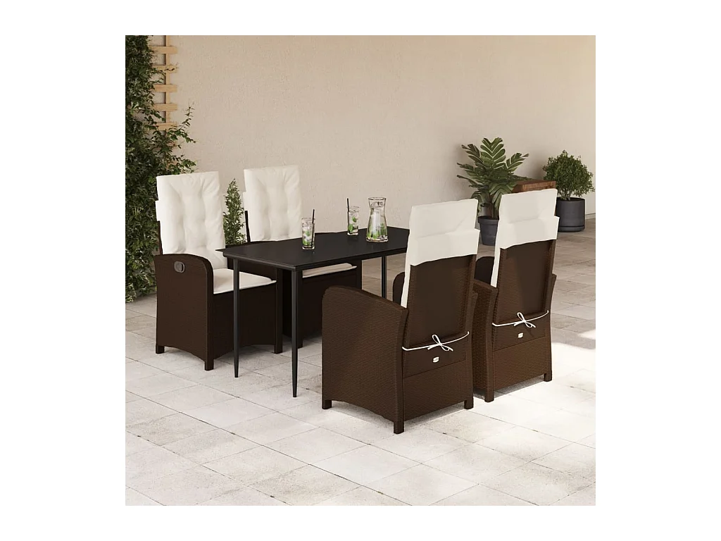 Ensemble à manger de jardin 5 pièces et coussins marron poly rotin