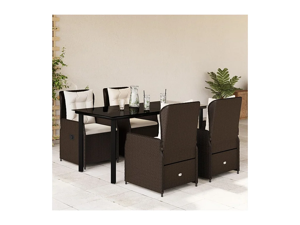 Ensemble à manger de jardin 5 pièces et coussins marron poly rotin