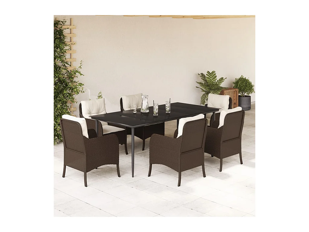 Ensemble à manger de jardin et coussins 7 pièces marron rotin