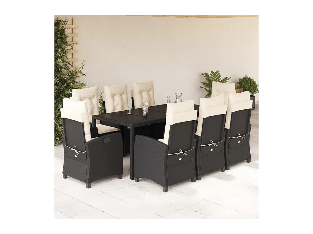 9 peças conjunto de jantar p/ jardim c/ almofadões vime PE preto