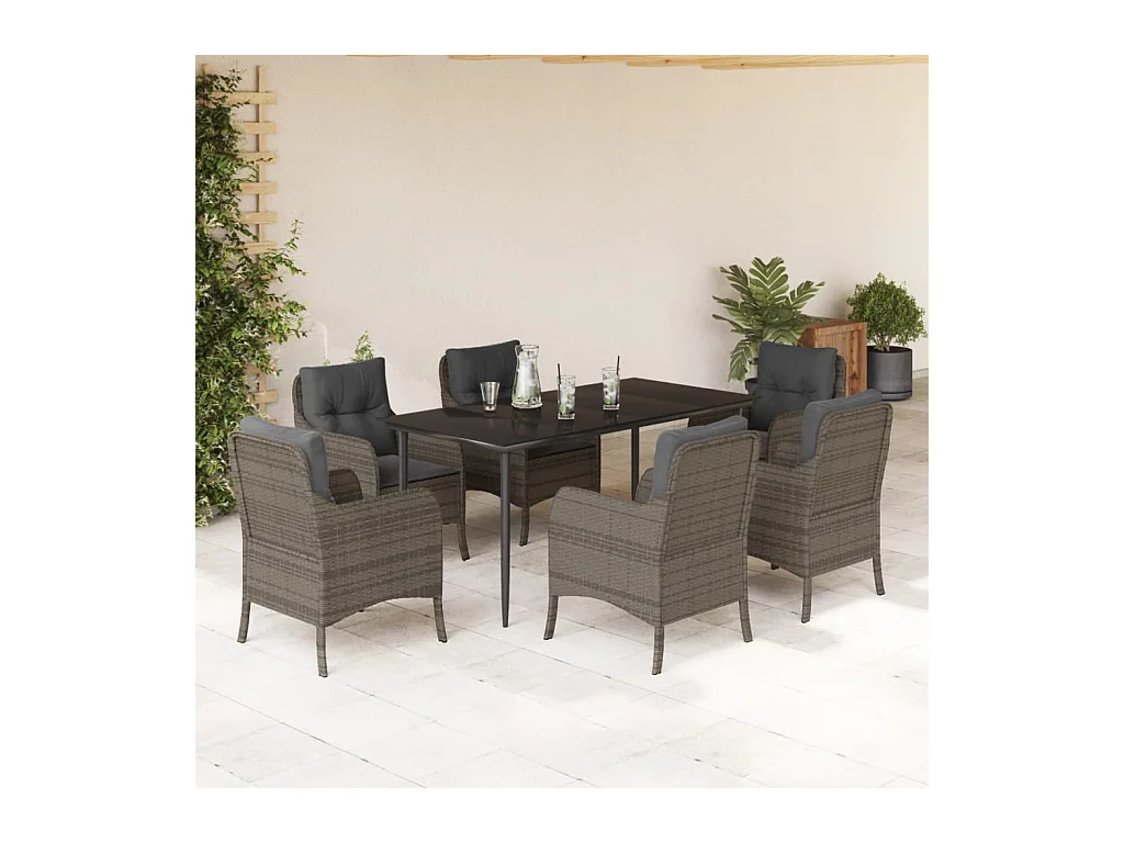Ensemble à manger de jardin et coussins 7 pièces gris rotin