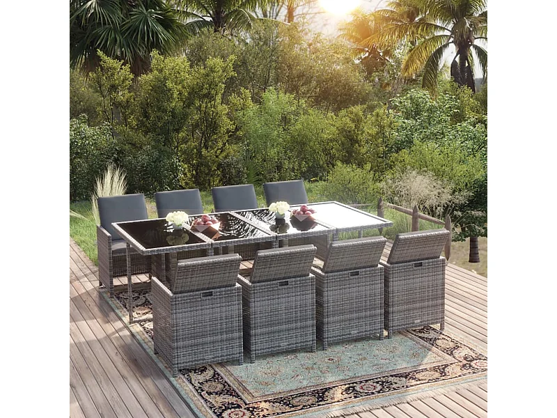 9 peças conjunto jantar p/ jardim c/ almofadões vime PE cinzento