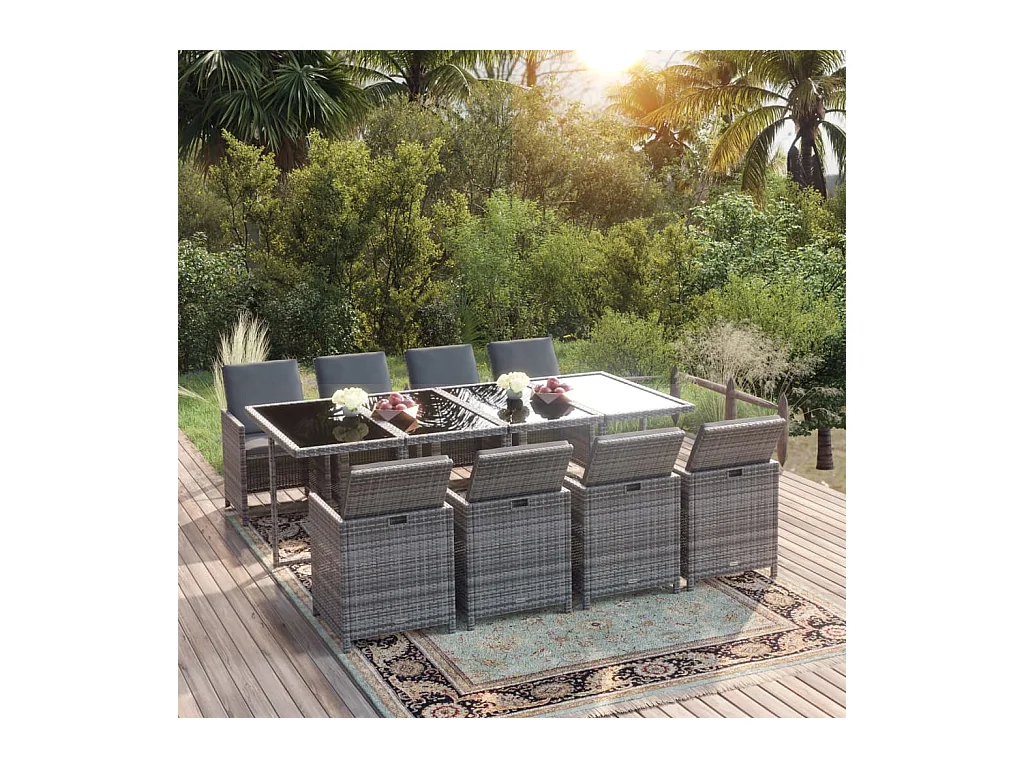Ensemble à dîner de jardin coussins 9 pièces Résine tressée Gris