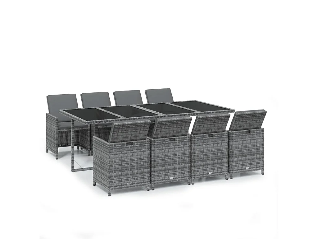 9 peças conjunto jantar p/ jardim c/ almofadões vime PE cinzento