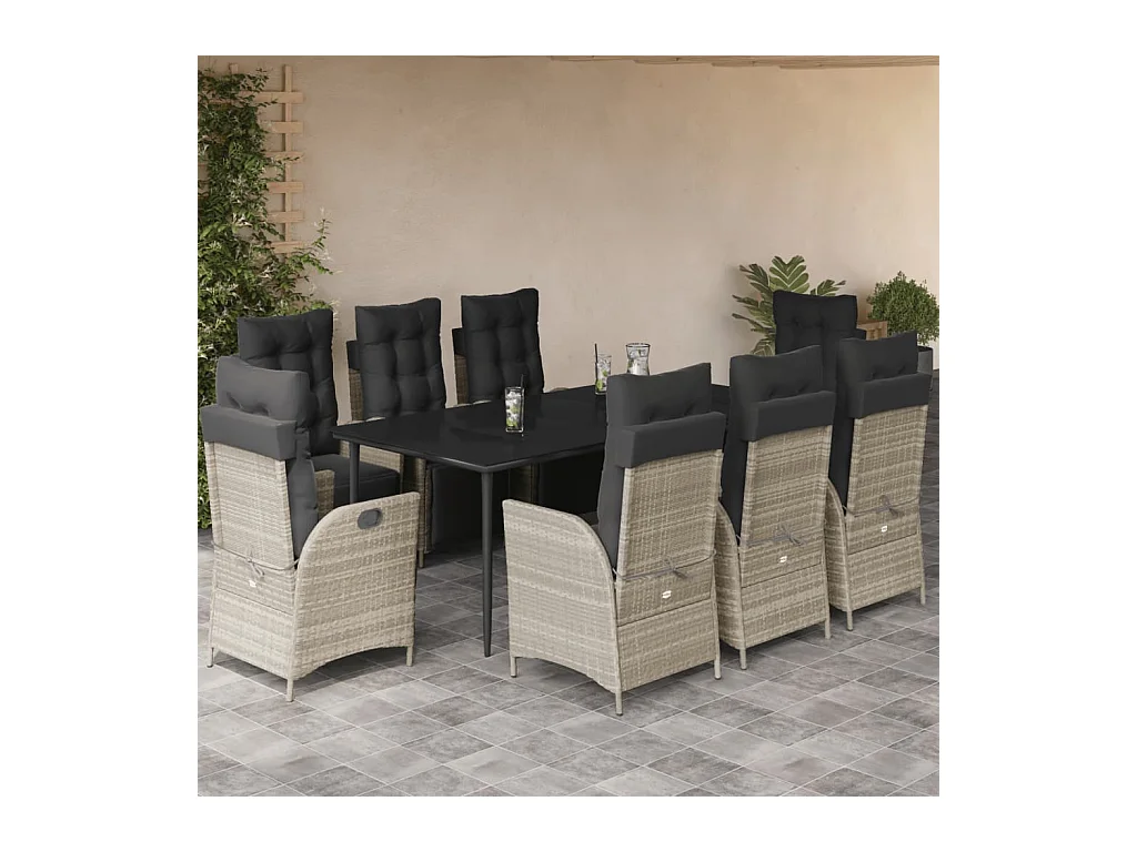 Ensemble à manger de jardin et coussins 9 pièces gris clair rotin