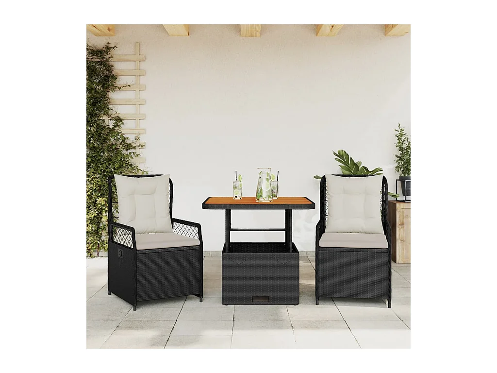 Ensemble à manger de jardin avec coussins 3 pièces Noir
