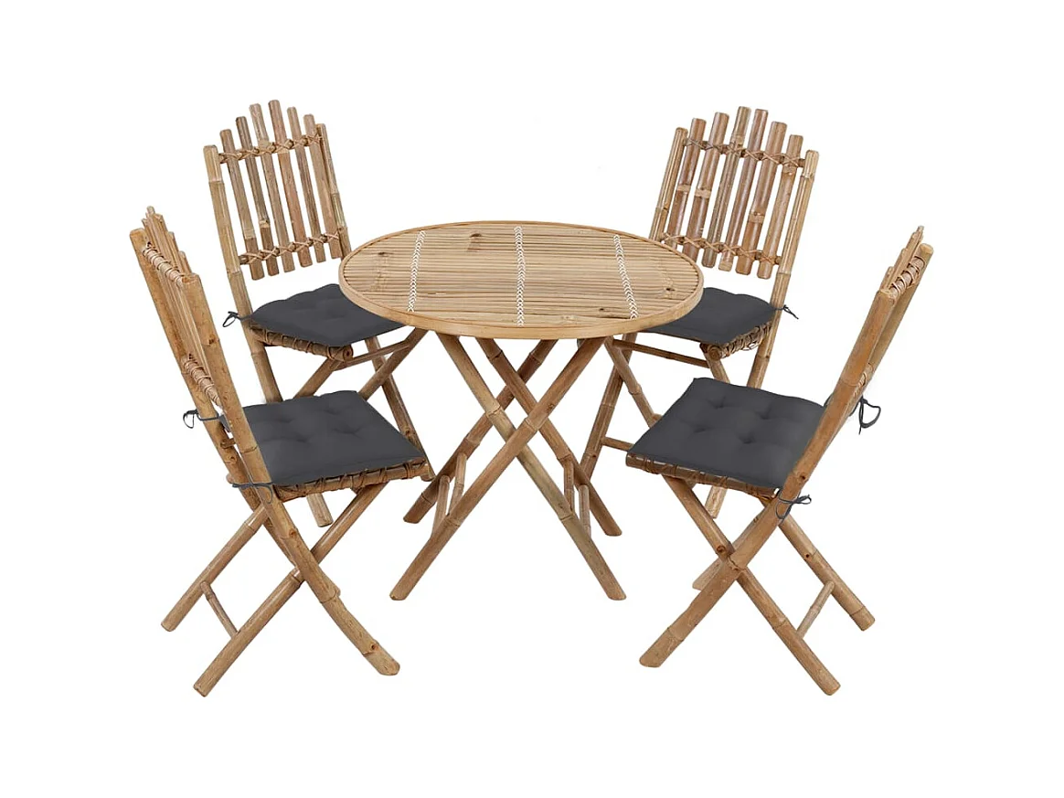 Mobilier à dîner d'extérieur pliable 5 pièces avec coussins Bambou