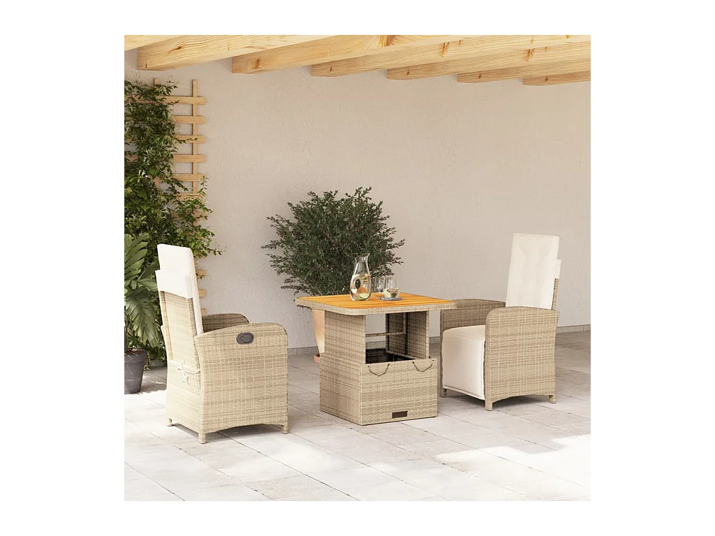 Ensemble à manger de jardin et coussins 3 pièces Beige poly rotin
