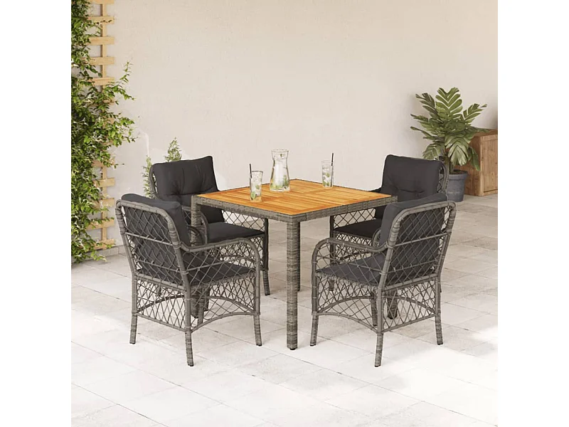 5 peças conjunto de jantar p/ jardim c/ almofadões vime PE cinza