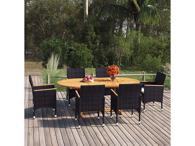 Set de comedor de jardín de 7 piezas negro ratán sintético