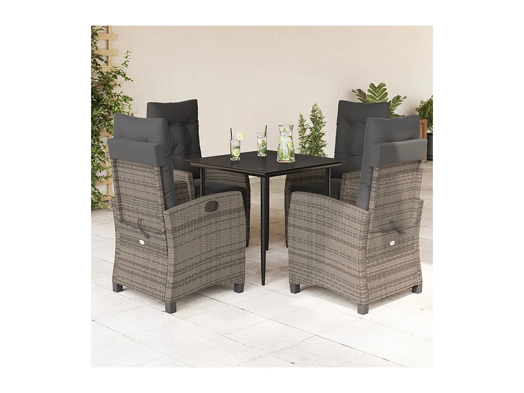 5 peças conjunto de jantar p/ jardim c/ almofadões vime PE cinza