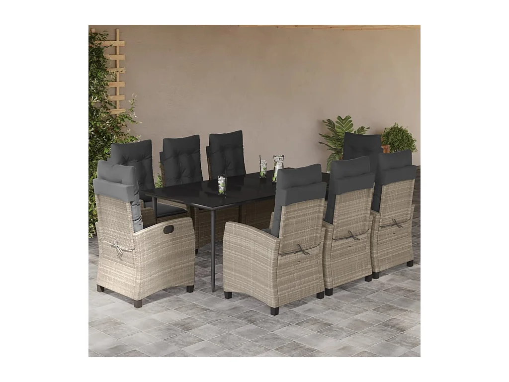 9-delige Tuinset met kussens poly rattan lichtgrijs