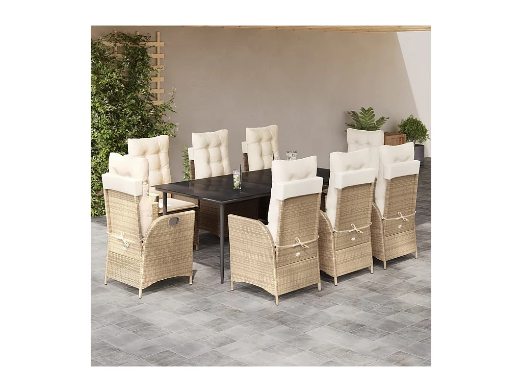 Ensemble à manger de jardin et coussins 9 pièces beige Poly rotin