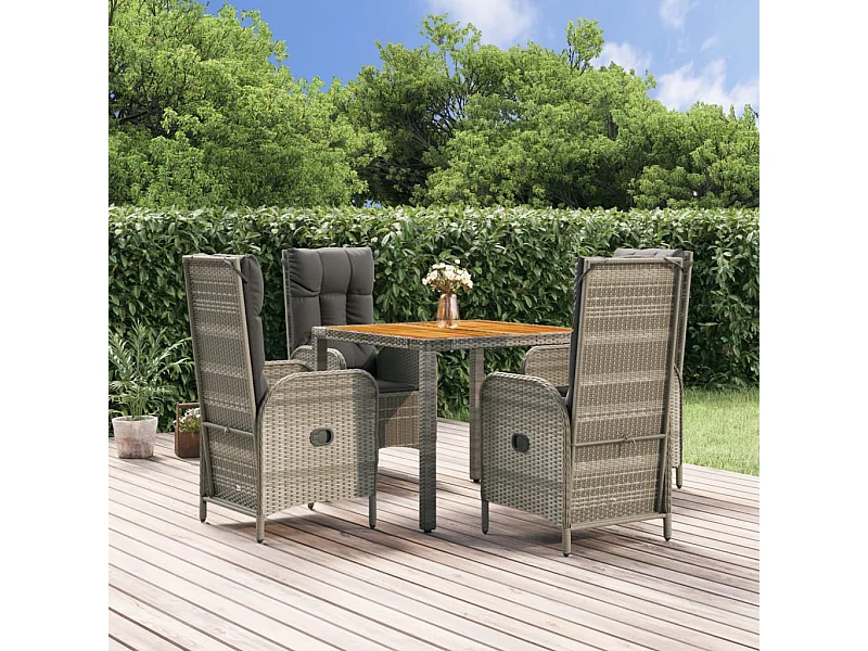 5 peças conjunto de jantar p/ jardim c/ almofadões vime PE cinza